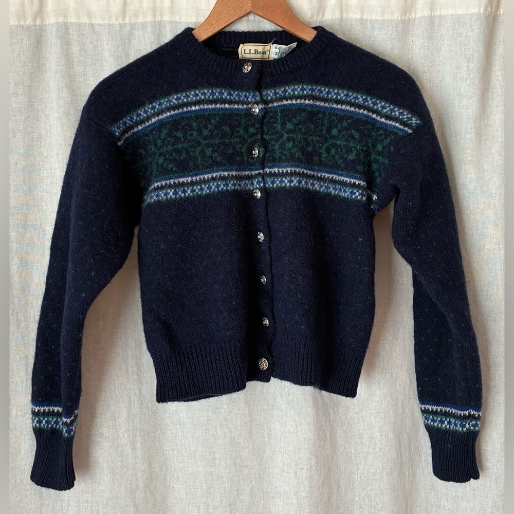 L.L. Bean Navy Fair Isle Wool Button-Up Cardigan Sweater
